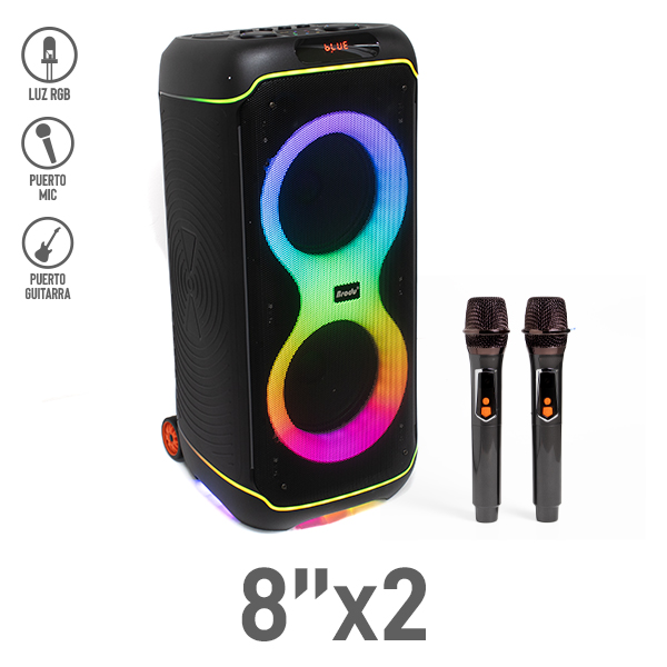 Bocina Bluetooth 8″x2 con 2 Micrófonos Inalámbricos